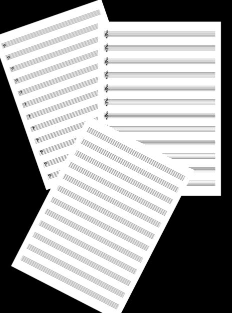 music staff paper with treble clef. Music staff paper with bass clef. Music staff paper without clefs.